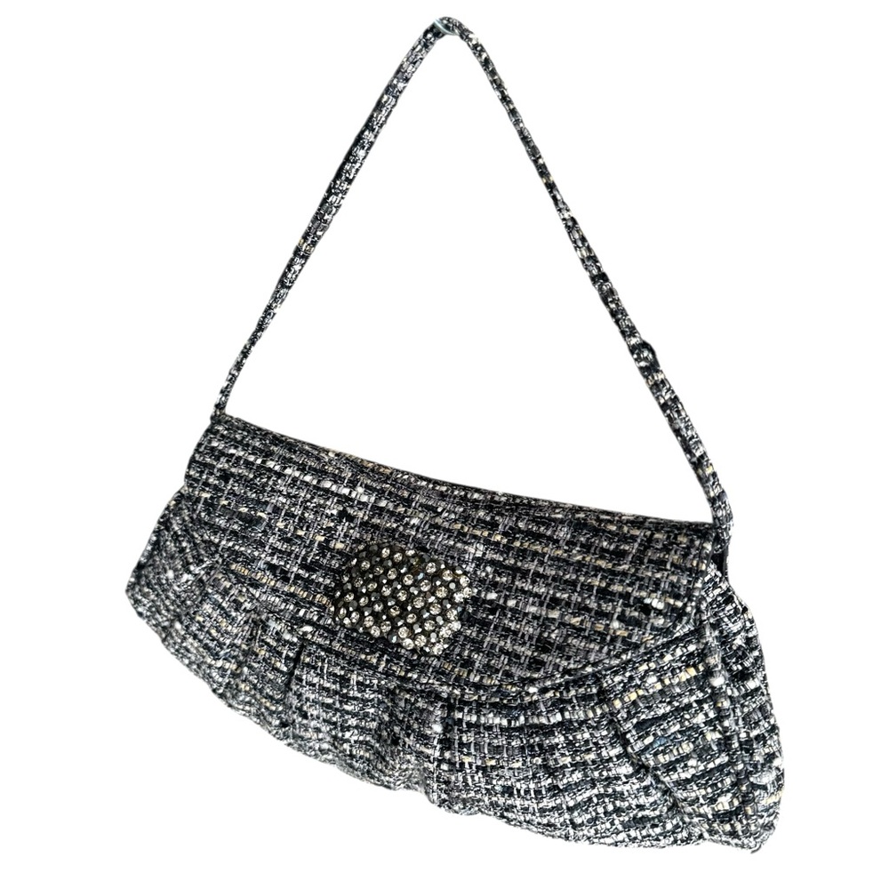 NEW Stuart Weitzman Tweed Rhinestone Flap Bag Grey Small Shoulder Bag Clutch - Picture 5 of 15